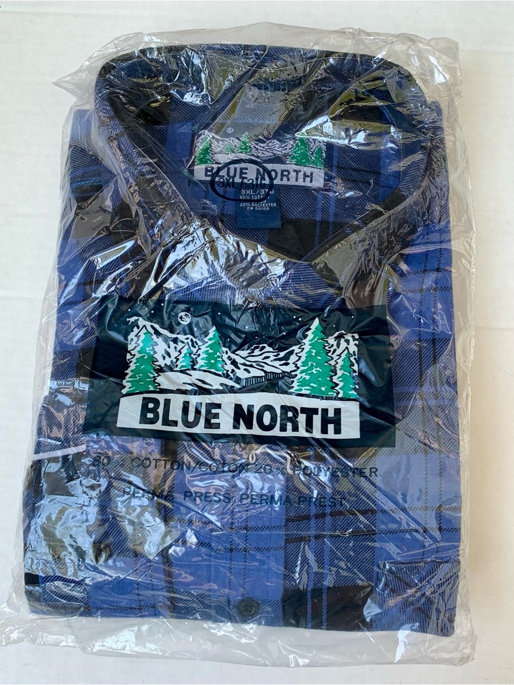 New Old Stock Blue North Men's Plaid Flannel Shirt Blue Black 3XL NIP